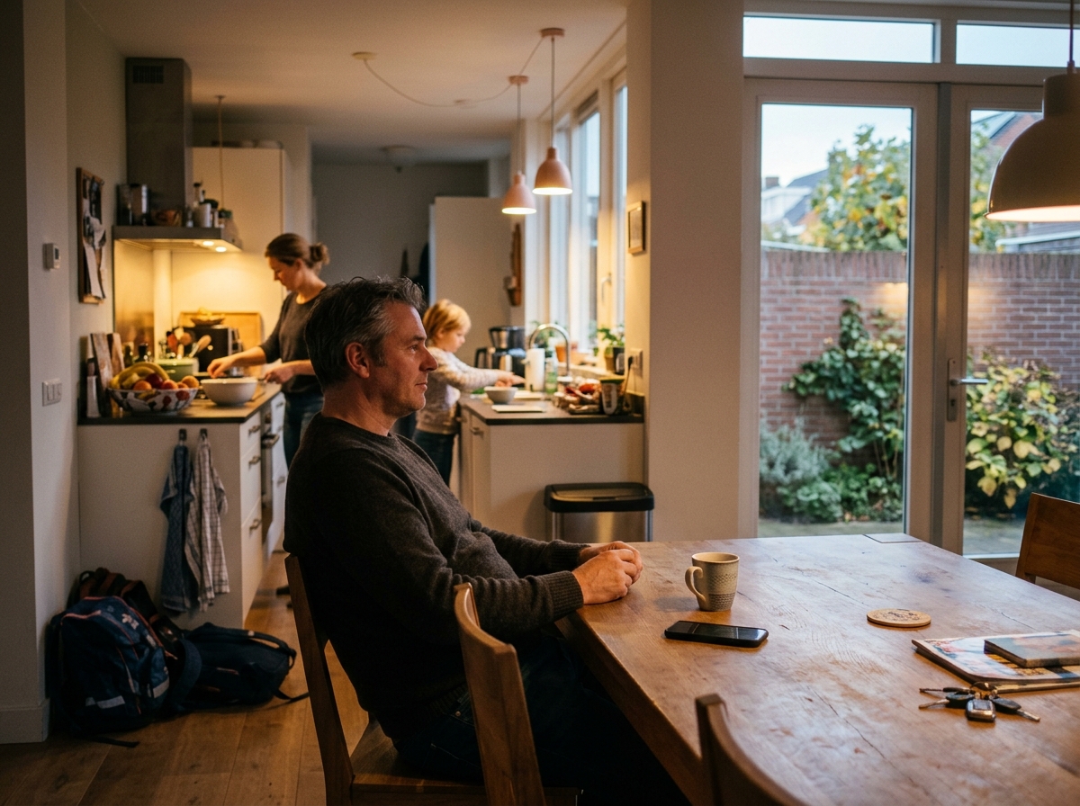 Dezelfde eigenaar thuis aan tafel, telefoon omgekeerd op tafel