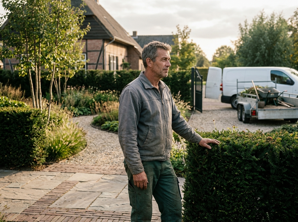 Een hovenier in een afgeronde tuin