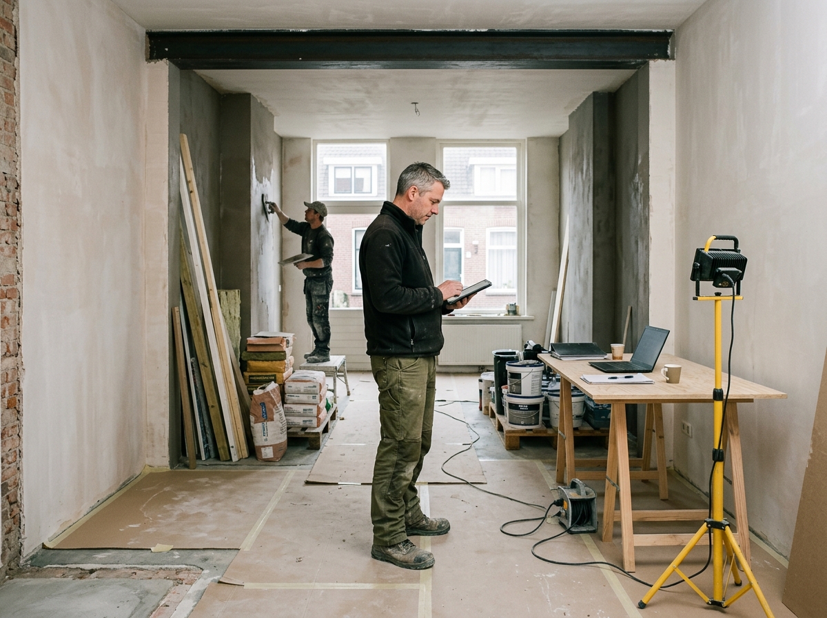 Een eigenaar overziet een complete woningrenovatie met een tablet
