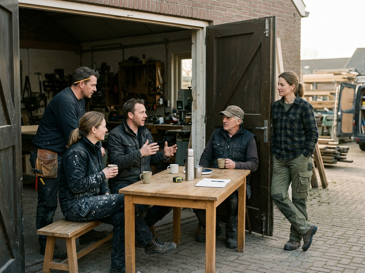 Vijf vakmensen in gesprek bij een werkplaats met koffie