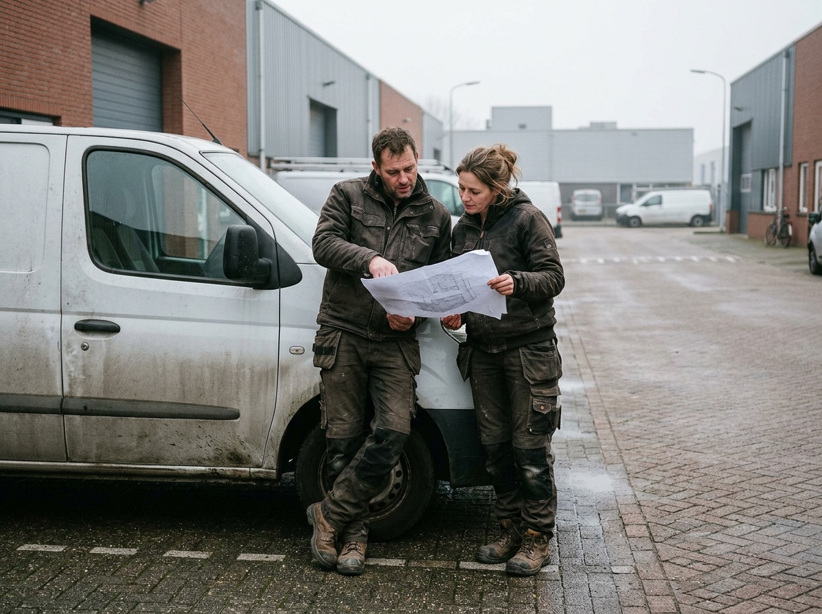 Twee vakmensen bekijken samen een tekening bij een bus